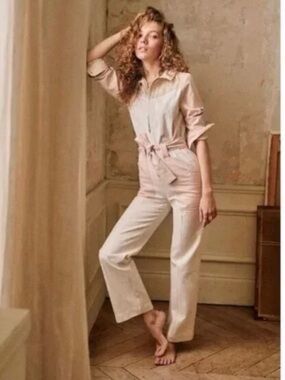Sezane Cream Button-Front Jumpsuit with Tie Waist
